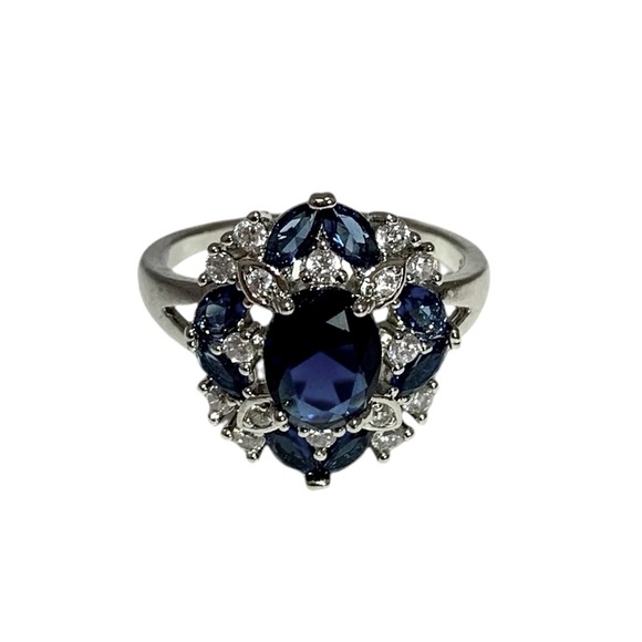 SAPPHIRE BLUE Faceted GLASS & CZ 925 SILVER COCKTAIL RING Prong Set SIZE 8.75 - Picture 6 of 11